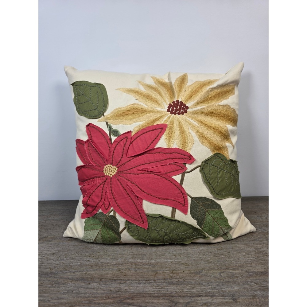 Pier 1 Imports Christmas Poinsettia Throw Pillow Applique Embroidered Floral